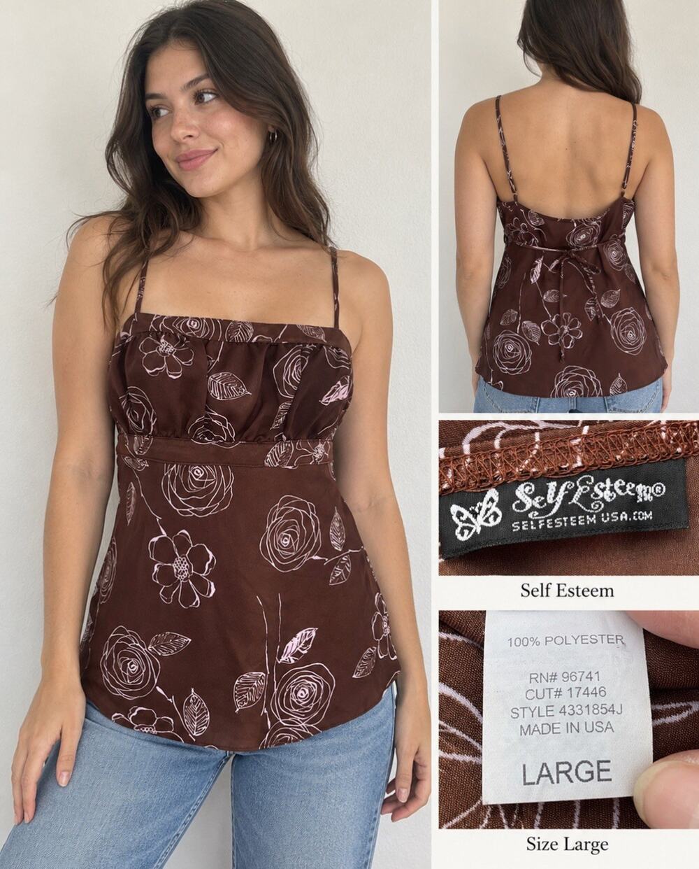 Y2K 2000s Boho Self Esteem Floral Empire Waist Cami Top Size L Brown Pink Rose